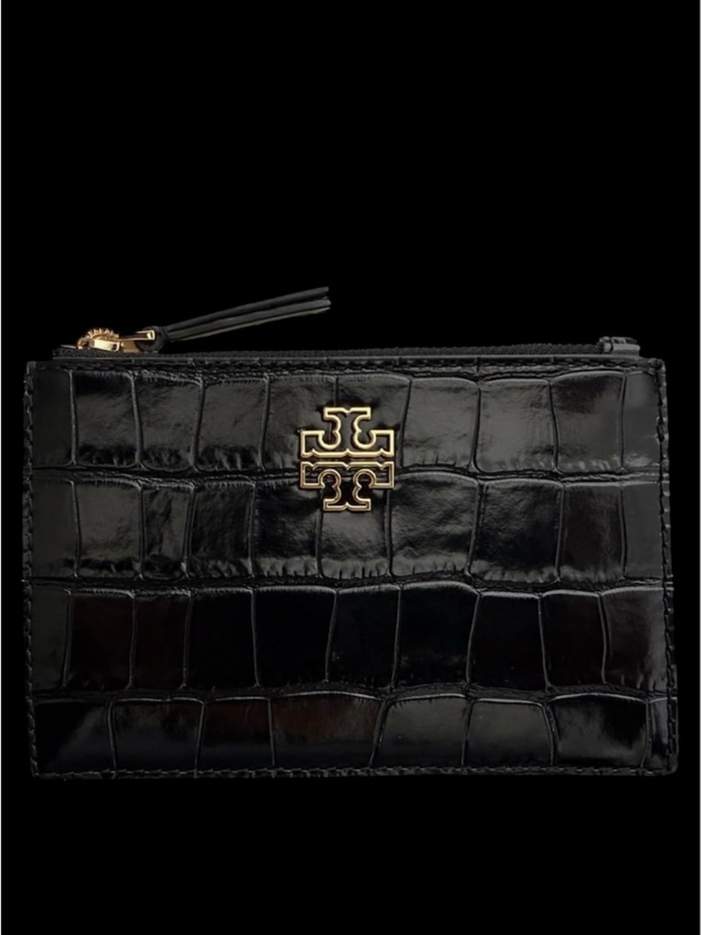 Tory Burch Black Croc-Embossed Zip slip back small Wallet with Gold Logo